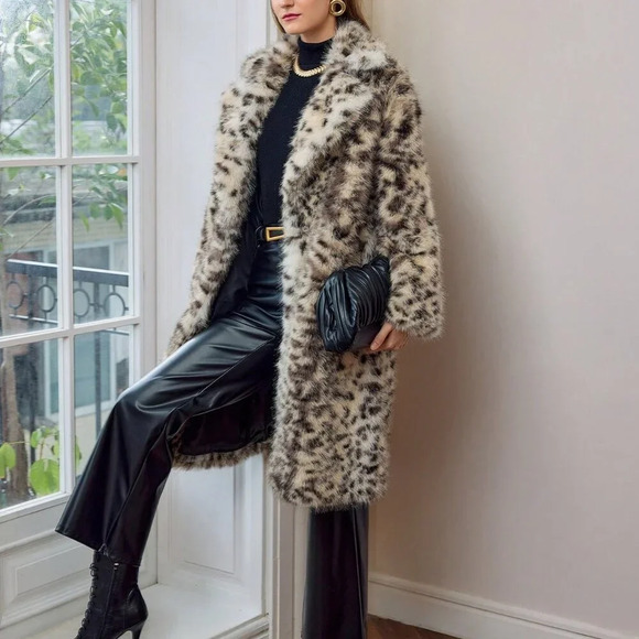 Multicolor Casual Women's Faux Fur Leopard Print Lapel Collar Long Coat